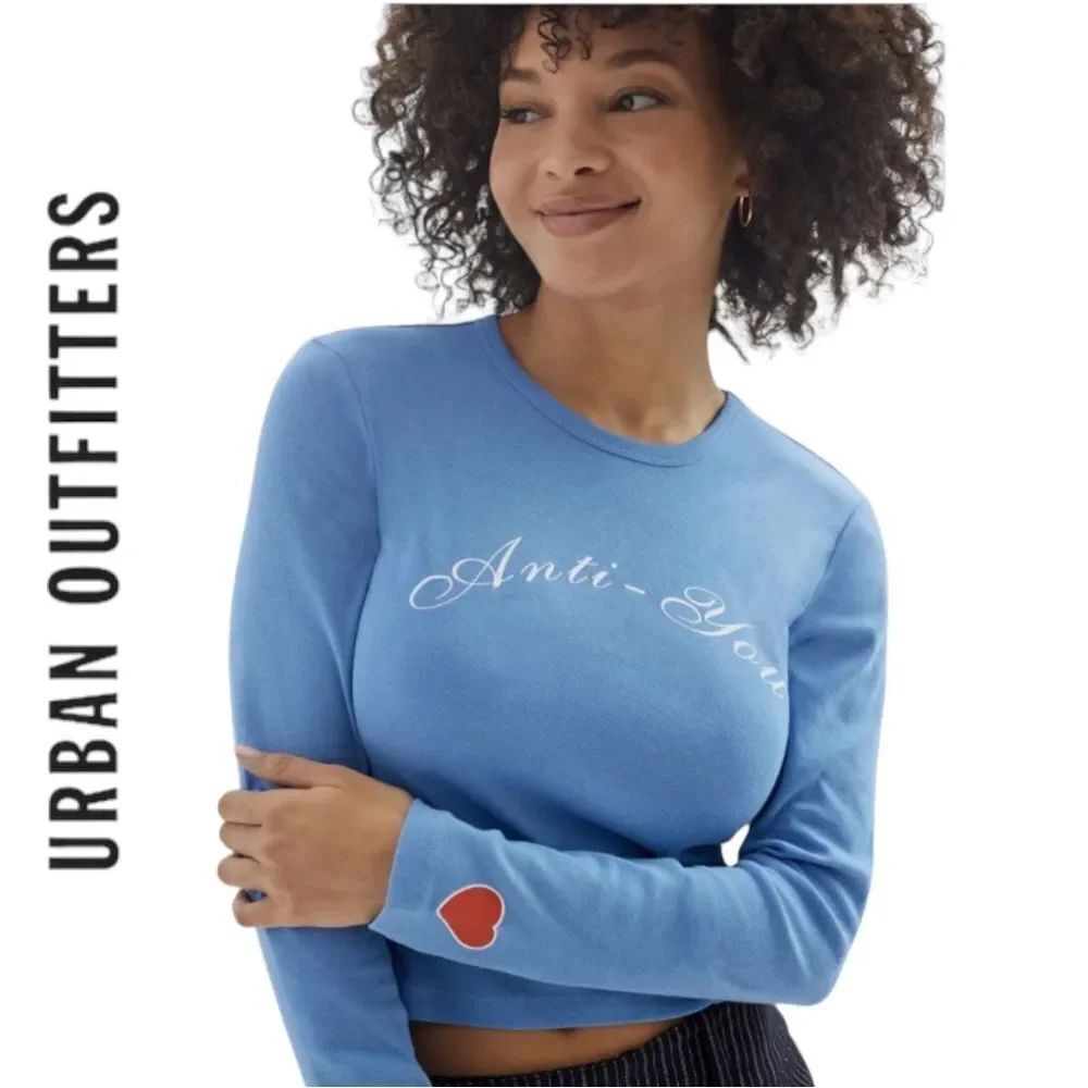 NEW UO Urban Outfitters Anti-You Long Sleeve Blue Baby Tee Shirt T-Shirt S M L